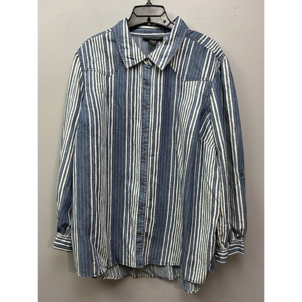 Ashley Stewart Chambray V Neck Button‎ Down Blouse Womens Plus size 18 striped